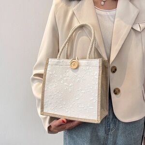 Elegant White and Tan Small All Seasons Canvas Vintage Style Square Bag